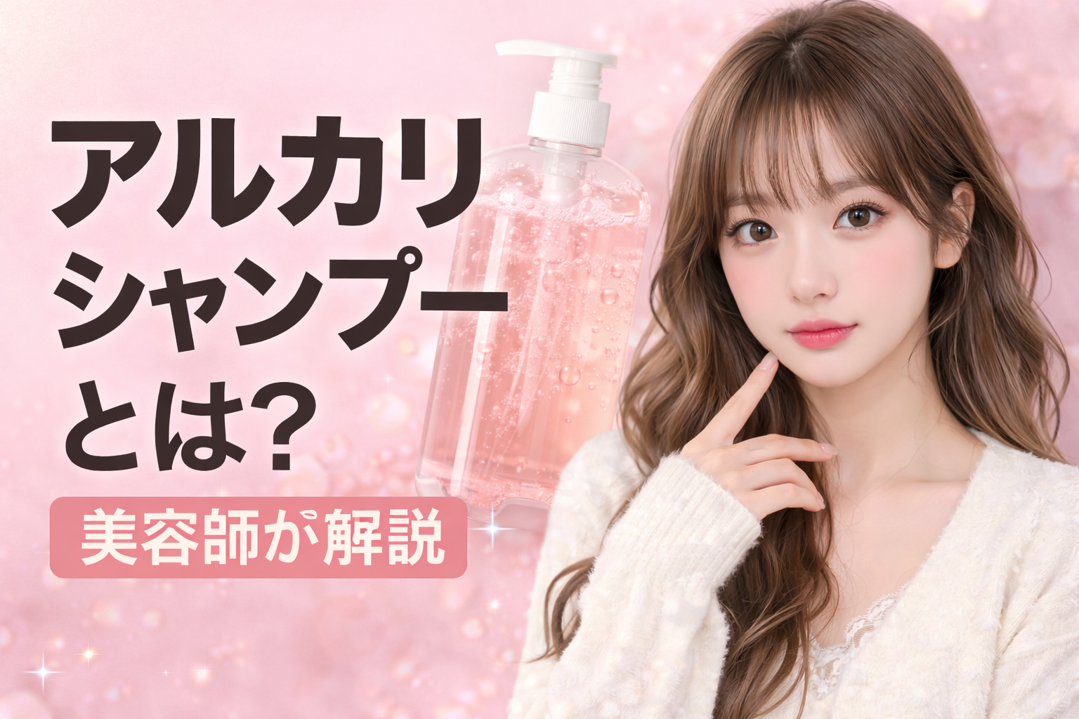 アルカリシャンプーとは何かを解説する美容コラムのサムネイル。シャンプーボトルと女性モデルのヘアスタイル画像